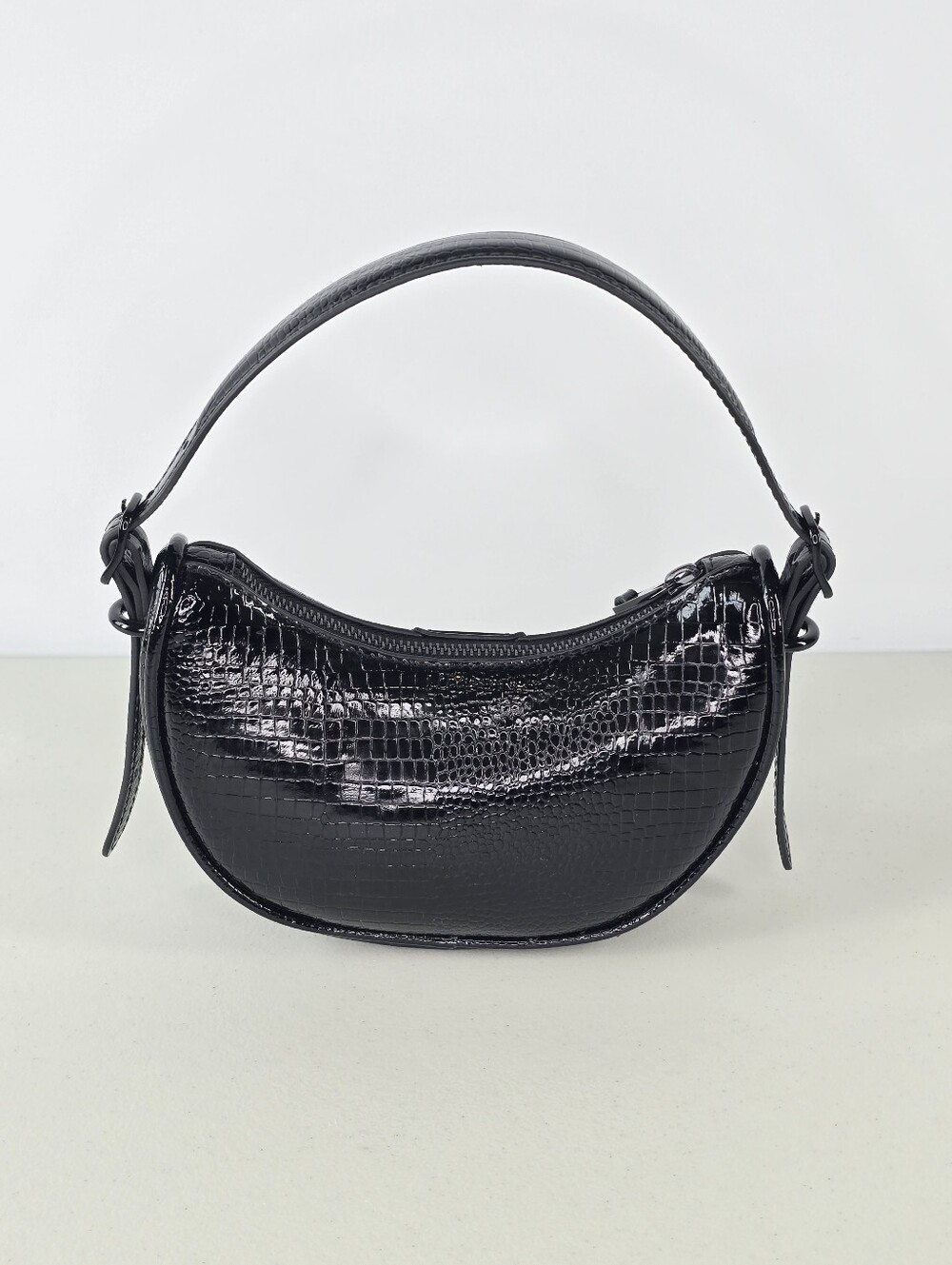 ALDO Black Patent Croc Embossed Crescent Mini Bag Top Handle Baguette Purse - Picture 4 of 12